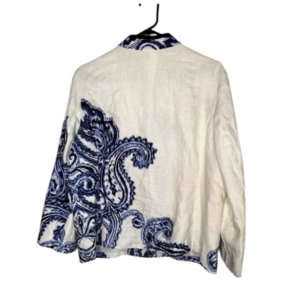 Linen Willow Print Brushed Paisley Mandarin Inverted Collar Blazer Chico's 2 Lrg - Picture 5 of 11